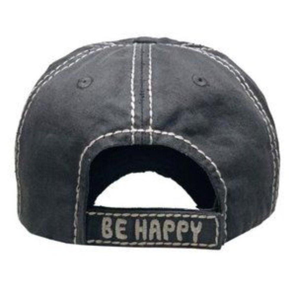 NWT Distressed Bee Happy Black Cap - Picture 3 of 4